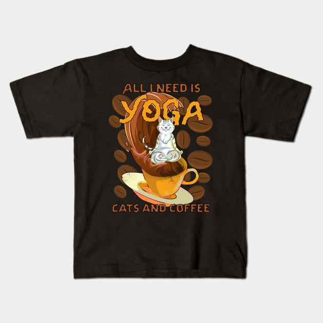 Kitty Coffee Meditating Cat Kids T-Shirt by Trendy Black Sheep